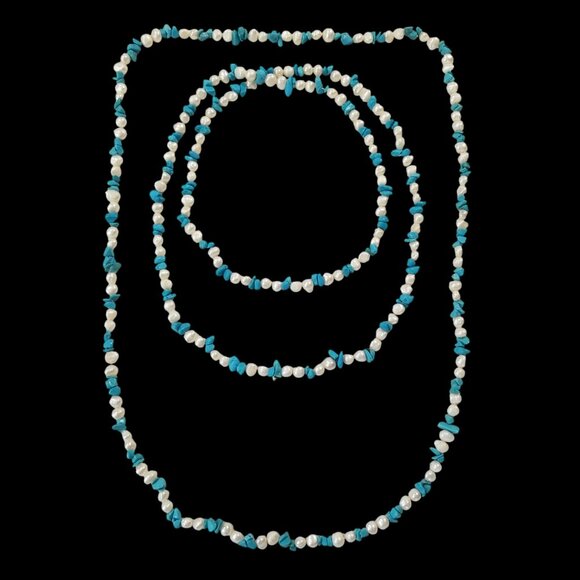 Pearls & Turquoise Rope Necklaces x 2 Freshwater Pearls & Turquoise Chips - Picture 9 of 15